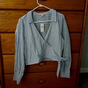 NBW Blue and white Wrap style blouse